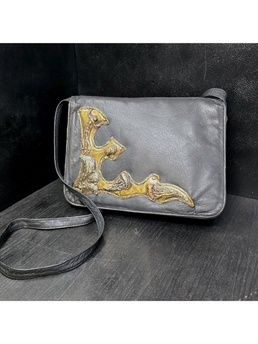 Vtg MCM Mod Brutalist Leather Crossbody Exart Branded Black Gold